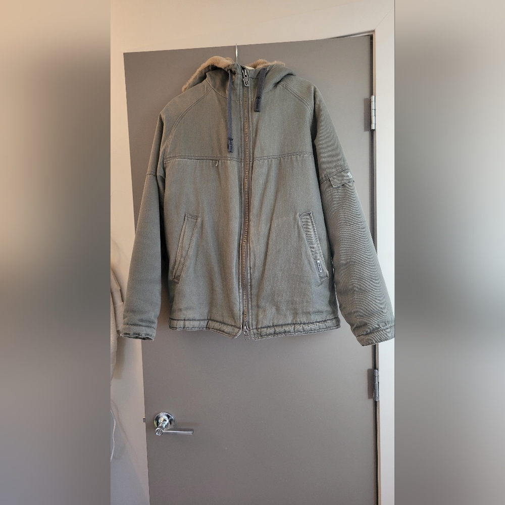 Hemp Hoodlamb Men's Olive Green Hooded Winter Jacket Small